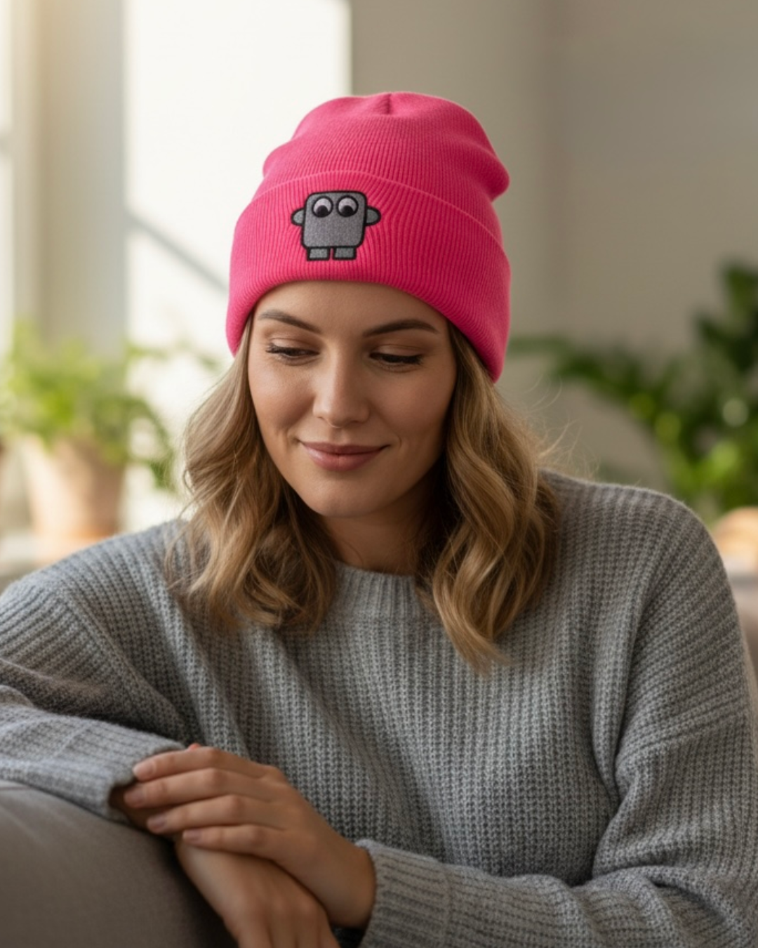 Bestickte Beanie Neon-Pink