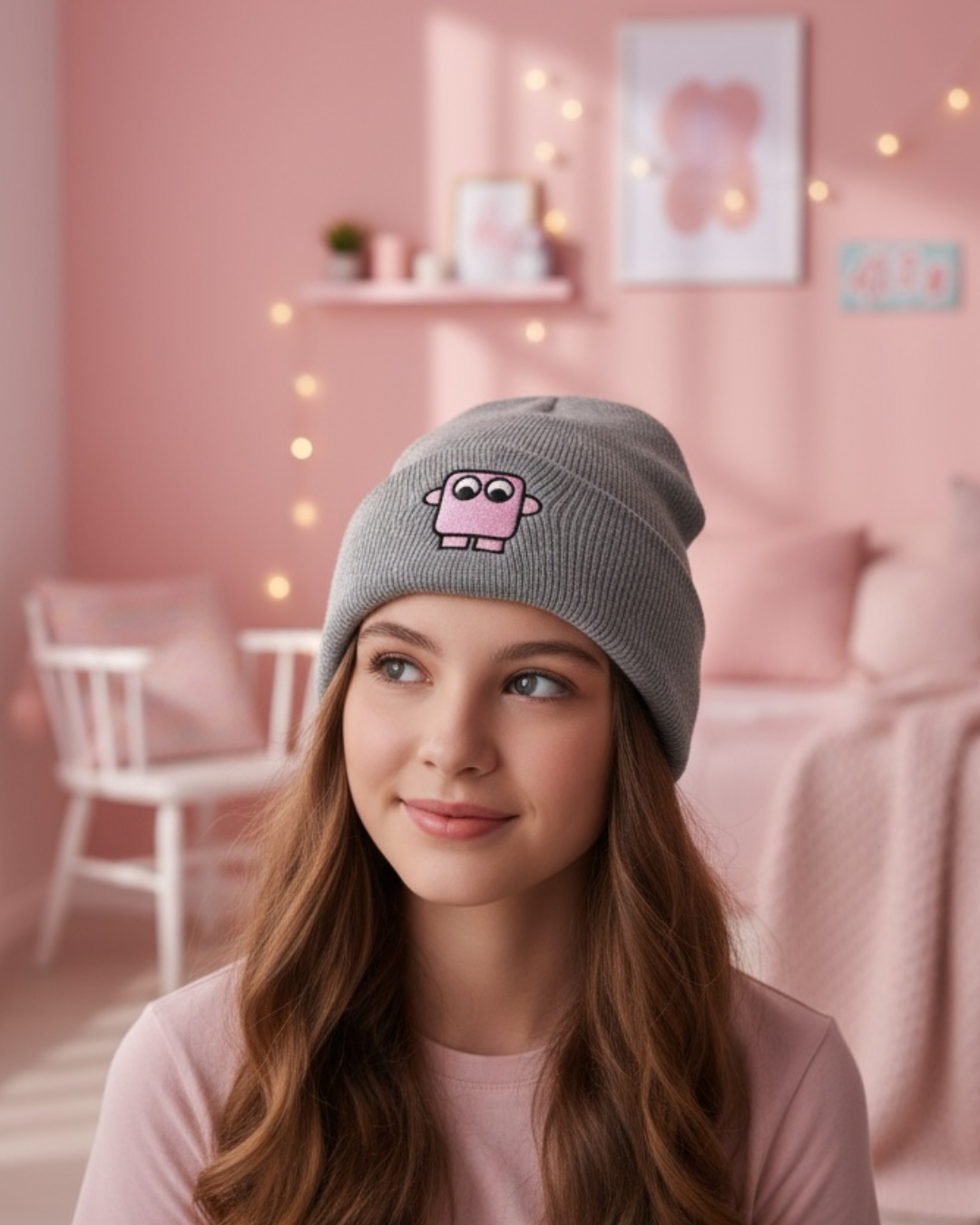 Bestickte Beanie Rosa