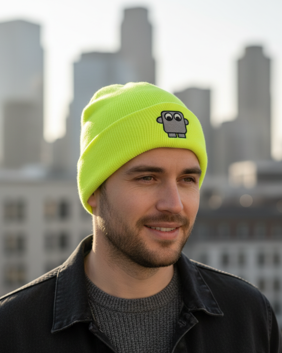 Bestickte Beanie Neon-Gelb
