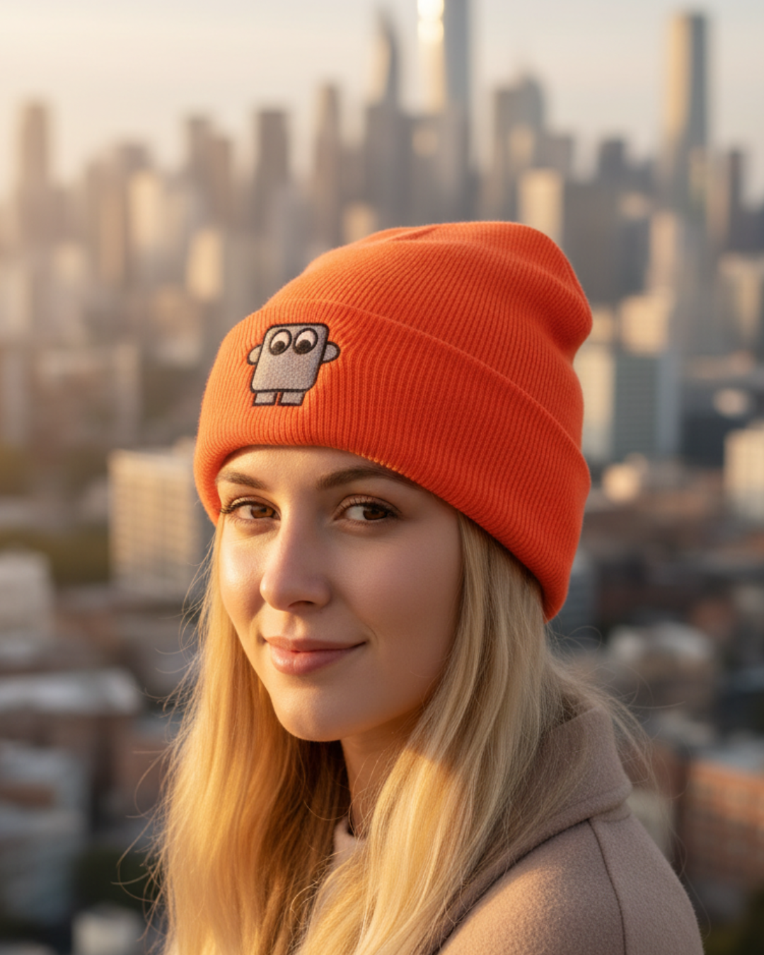 Bestickte Beanie Neon-Orange